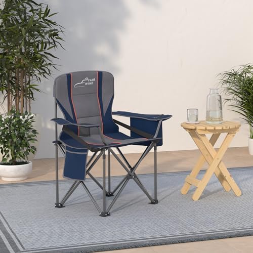 FAIR WIND Oversized Fully Padded Camping Chair with Lumbar Support, Heavy Duty Quad Fold Arm Chair with Cooler Bag - Support 450 LBS,Blue