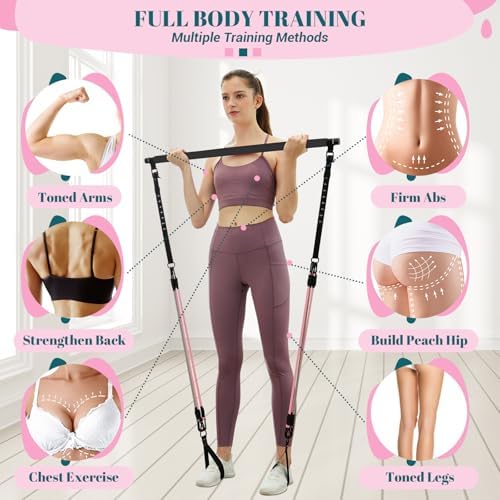 Pilates Bar Kit with Resistance Bands, Multifunctional Yoga Pilates Bar with Heavy-Duty Metal Adjustment Buckle, Portable Home Gym Pilates Resistance Bar Kit for Women Full Body Workouts
