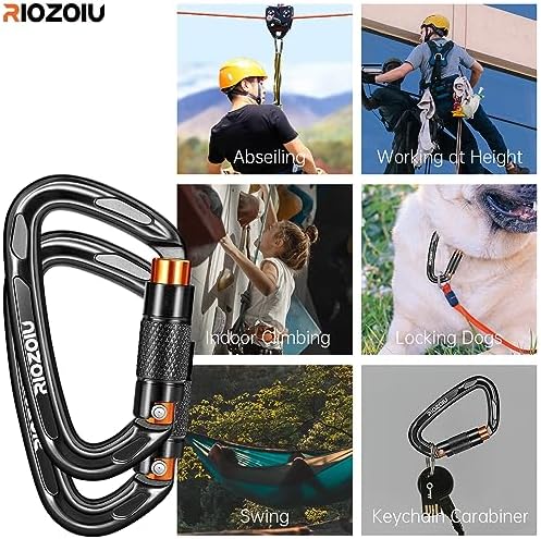 UIAA Certified Auto Locking Climbing Carabiner Clips 25KN Heavy Duty Large Locking Carabiner Clips for Rock/Ice Climbing Rappelling D Shaped 3.93 Inch, Large Size, Black