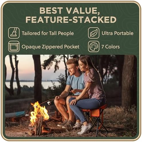 Foldable Tripod Stool - Ultra Portable Seat for Tall People, 20” High - Hunting Chair & Hidden Zippered Pocket - 2 lb Camping Stool, 3 Legged Strong Steel Stool Holds up to 200 lb (Orange)