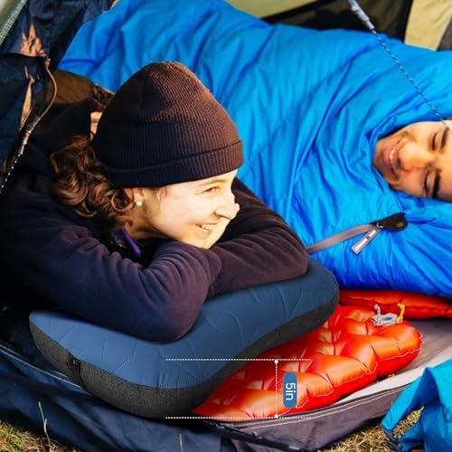Camping Pillow with Removable Cover - Ultralight Inflatable Pillow for Camping Lightweight, Ergonomic and Washable for Camping, Hiking, and Travel Blue