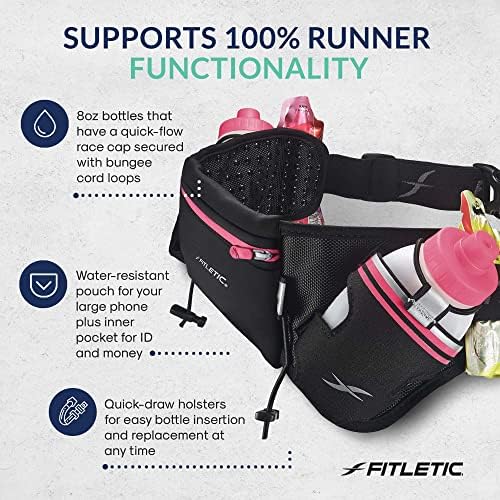 Fitletic Hydration Running Belt with Water Bottles for Men & Women – 2 Quick Flow 8oz Running Water Bottles, Patented Bounce Free Design, Water Resistant Pouch Fits All Phones – Hydra 16