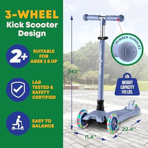 Kids Scooter – Children and Toddler 3 Wheel Kick Scooter – LED Wheel Lights Illuminate When Rolling– Adjustable Handlebar – Indoor and Outdoor