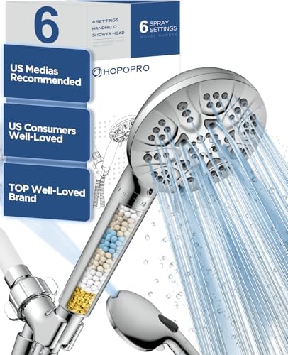 HOPOPRO 7-Setting Handheld Shower Head with Built-in Power Wash, Polished ABS Chrome, 71-Inch Stainless Steel Hose, 360 Rotatable Brass Overhead Bracket, Anti-Leakage Teflon Tape