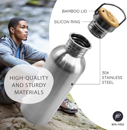 Bambaw Stainless Steel Water Bottles 32 oz, Non-insulated Single Wall Metal Water Bottle Stainless Steel, Reusable & Eco Friendly, Dishwasher Safe – Silver