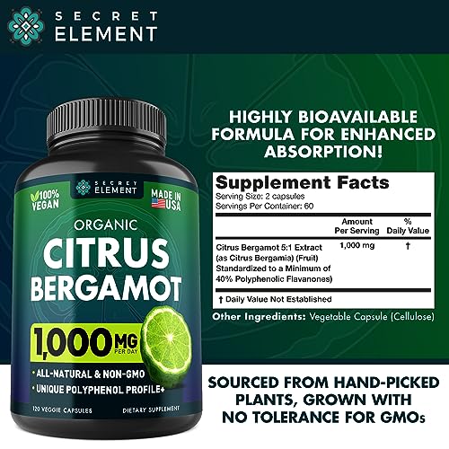 SECRET ELEMENT Citrus Bergamot Extract 1000mg - Organic Citrus Bergamot Supplement for Heart, Immune System Support, and Healthy Aging - Pure, Vegan Bergamot Capsules