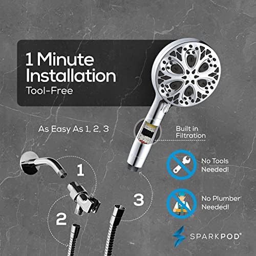 SparkPod 10-Mode Handheld Shower Head with Filter - 5" High Pressure Filtered Shower Head with Touch-to-Clean Nozzles, Built-In Power Jet, Stainless Steel 6ft Hose & Bracket (Polished Chrome)