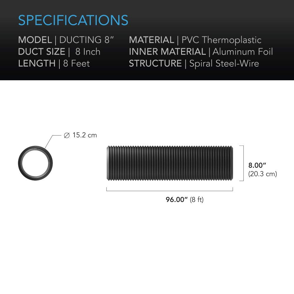 AC Infinity Flexible 8-Inch Aluminum Ducting, Heavy-Duty Four-Layer Protection, 8-Feet Long for Heating Cooling Ventilation and Exhaust
