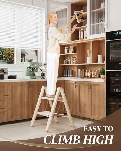 GameGem 2 Step Ladder, Folding Step Stool with Wider Pedal, Anti-Slip Feet & Non Slip Stripes, Aluminum Sturdy Material, 300Lbs Capacity, Elegant Look of Cream Chocolate Better Matches Your Home