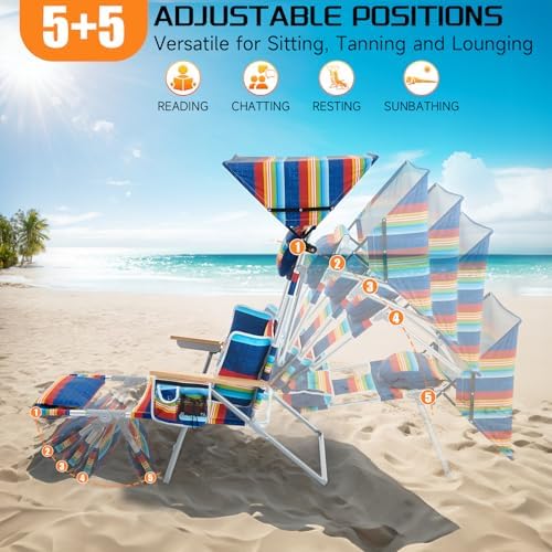 Oversized Heavy Duty Backpack Beach Chair with Sun Canopy, Reclining Lounge Chair Tanning Chair with Face Hole, 5-Position Foldable Camping Chair for Outdoor Sunbathing Beach Patio Pool (Multi Color)