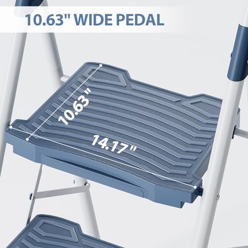 KINGRACK 3 Step Ladder, 900lbs Sturdy Step Stool with Handrail, Non-Skid Wide Pedals, Foldable 3 Stepladder with Safety Locking for Home, Garage, Garden, Office, Blue