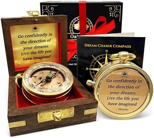 The Dream Chaser Compass in Wooden Box - 2025 Graduation Gifts for Him, College, High School, Birthday Gift Idea for Son, Boys, Daughter - Greeting Card Included, Inspirational, Motivational Present