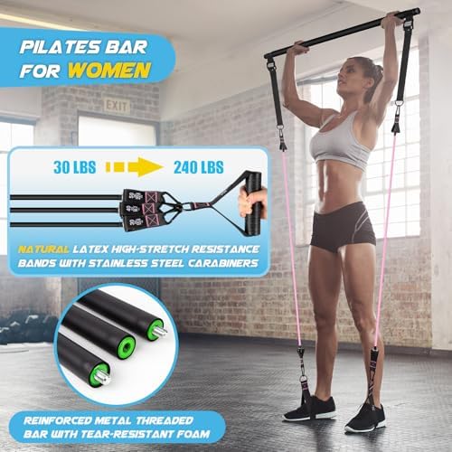 Pilates Bar Kit with Resistance Bands, Multifunctional Yoga Pilates Bar with Heavy-Duty Metal Adjustment Buckle, Portable Home Gym Pilates Resistance Bar Kit for Women Full Body Workouts