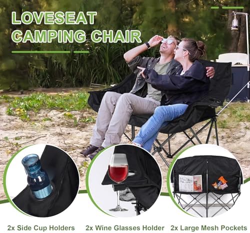 Double Camping Chairs, Oversized Loveseat Camping Chairs for Adults, Outdoor Folding Chairs Lawn Chairs Camping Couch with Cup Holder & Wine Glass Holder for Outside - Support 600Lbs (Black)