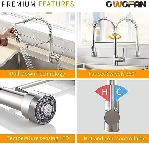LED Light Kitchen Faucet with Pull Down Sprayer Sus304 Stainless Steel Industrial Single Handle Faucet for Farmhouse Camper Laundry Utility Rv Wet Bar Sinks Brushed Nickel 9003SN