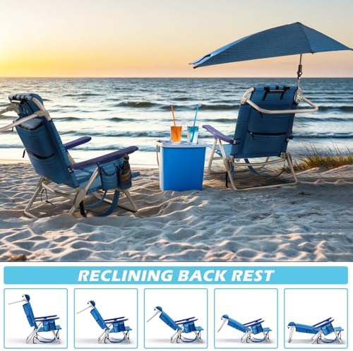 Beach Chair, Backpack Chairs for Adults with Adjustable Umbrella, Folding Beach Chairs with Storage Pouch, Cup Holder & Towel Rack, Adjustable Lounge Chair for Seaside, Blue