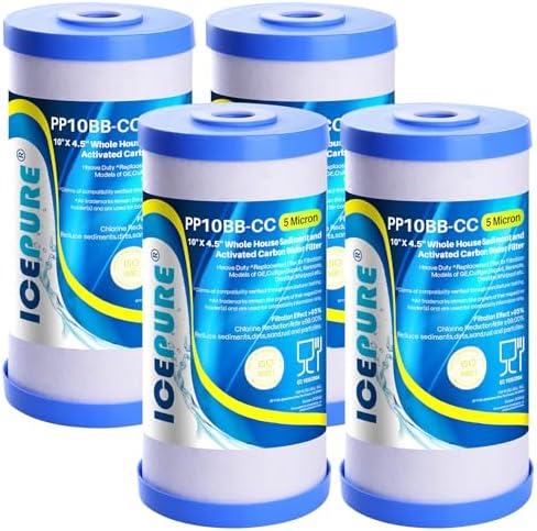 5 Micron 10" x 4.5" Whole House Water Filter Compatible with GE FXHTC, GXWH40L, RFC-BBSA, W50PEHD, Whirlpool WHKF-GD25BB, GXWH35F, GNWH38S, Dupont WFHD13001, Pentek R50-BB, 4WH-HDGR-F01 4PACK