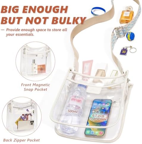 3 Pockets Large Clear Bag for Stadium Events with 2 Long Straps Purse for Women Crossbody Bag Concert Stadium Approved