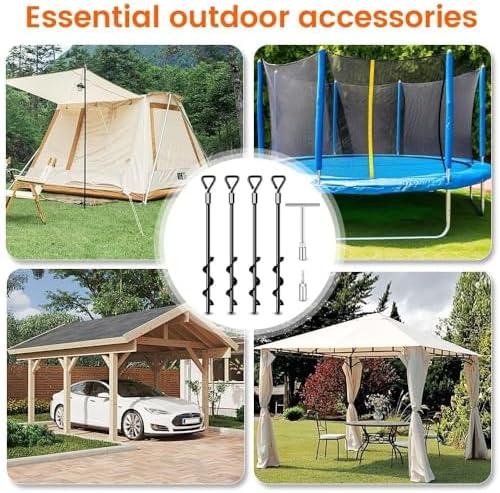 Ground Anchors Screw in Tent Stakes Heavy Duty Trampoline Stakes High Winds, Ground Anchors for Camping Tent, Canopies, Carports, Sheds, Swing Sets, Canopy Stakes Kit, Mobile Home Anchors 4 Pack