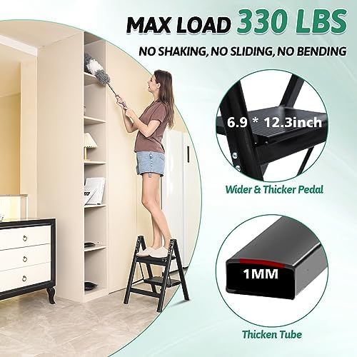 2 Step Ladder Folding Step Stool, Heavy Duty 330 Lbs Load Stepladder, Small Kitchen/Closet Ladder for Adults/Kids, Lightweight Step Ladder 2 Step Folding with Anti-Slip Wide Pedal for Home by OOSOFITT