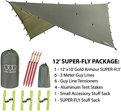 Gold Armour Rainfly Tarp Hammock, Premium 14.7ft/12ft/10ft/8ft Rain Fly Cover, Waterproof Ultralight Camping Shelter Canopy, Survival Equipment Gear Camping Tent Accessories (OD Green 12ft x 10ft)