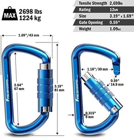 FresKaro 3inch 12kN-2698lbs Auto Locking Carabiner Clips, Solid D Shape, Heavy Duty 7075 Aluminum, Lightweight 1.09oz, Rust Proof, for Hammock, Hiking, Dog Leash, Keychain etc., Multi-Colors