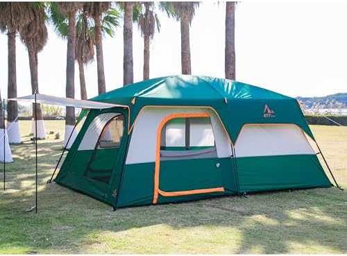 KTT Extra Large Tent 10-12-14 Person(A),Family Cabin Tents,2 Rooms,3 Doors and 3 Windows with Mesh,Straight Wall,Waterproof,Double Layer,Big Tent for Outdoor,Picnic,Camping,Family Gathering