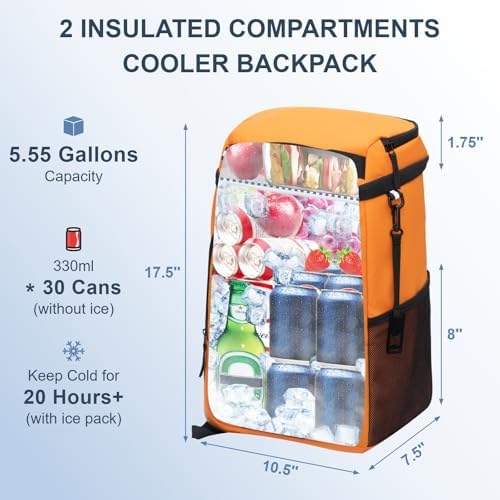 Backpack Cooler Insulated Leak Proof 30/45 Cans, 2 Insulated Compartments Thermal Bag, Portable Lightweight Beach Travel Camping Lunch Backpack for Men and Women