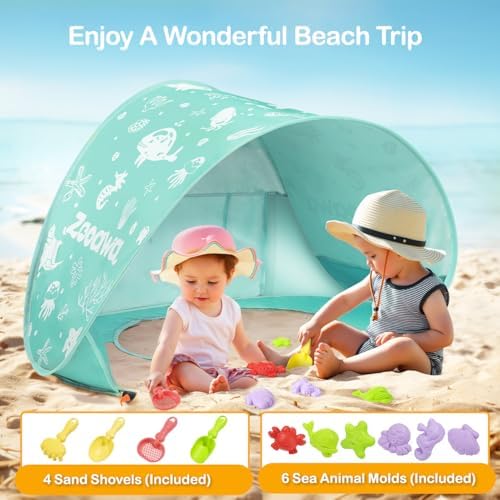 Zooawa Baby Beach Tent, Pop Up Beach Tent Sun Shade for Beach, Portable Shade Pool UV Protection Sun Shelter for Infant with Beach Sand Toys Set