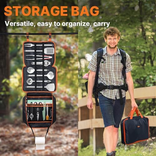 Camping Cooking Utensils Set Grilling Cookware Camp Kitchen Rotating Marshmallow Roasting Sticks BBQ Forks, Portable RV Camping Essentials Camper Must Haves for Cookouts Open Fire Pit