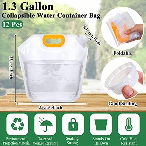 Tessco 12 Pack 1.3 Gallon Collapsible Water Storage Bag Water Container Bag Emergency Jug Foldable Plastic Storage Pouch Freezable Carrier Tank for Outdoor Sport Camping(Clear,Classic)