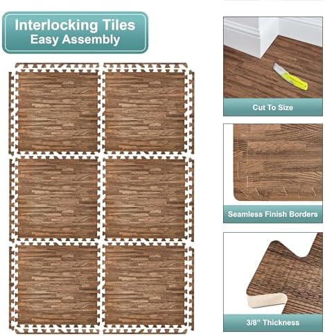 Sorbus 48Sq. Ft. Wood Grain Floor Tiles Foam Mat EVA Interlocking Mats Tile 3/8-Inch Thick Flooring Wood Puzzle Exercise Mats w/Borders - Home Playroom Basement, Apartment, Trade Show, Baby, Dance