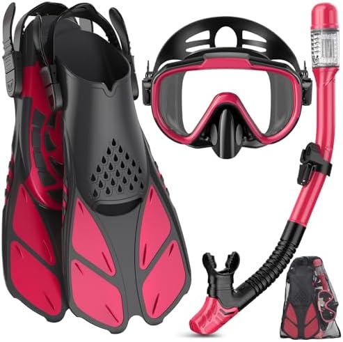 Snorkeling Gear for Adults Men Women,4 in 1 Snorkel Set with Panoramic View Diving Mask Anti-Fog Anti-Leak,Dry Top Snorkel,Fins and Travel Bag for Swimming,Snorkeling and Travel Diving