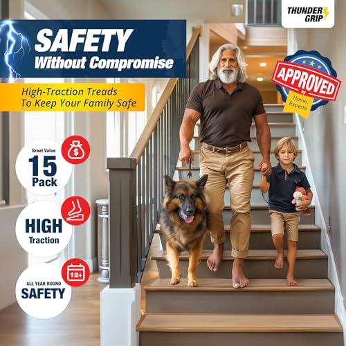 Clear Stair Treads Non-Slip 30"x8" - 15-Pack Indoor Stair Grips Non Slip for Wooden Steps - Anti Slip Adhesive Strips for Dogs & Elderly - Staircase Step Treads - Transparent Treads for Wood Stairs