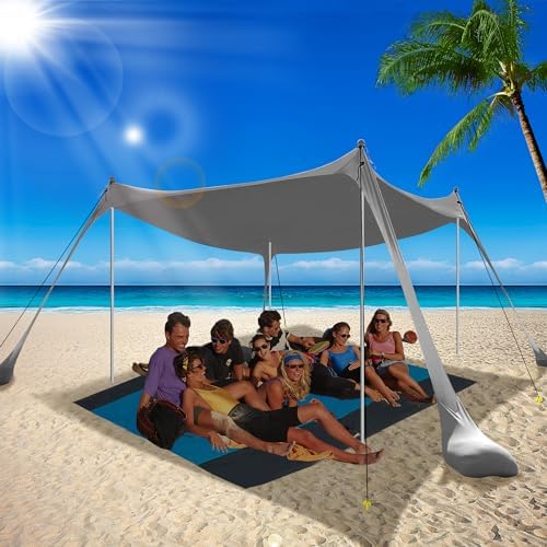 BOTINDO Family Beach Tent Canopy Sun Shade, Pop Up Grande Beach Tent Sun Shelter Stability 4 Poles with Portable Carry Bag Outdoor Shade for Fishing Backyard Camping