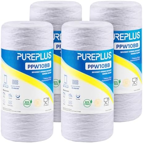 PUREPLUS 5 Micron 10 x 4.5 Whole House String Wound Sediment Filter for Well Water, Replacement Cartridge for 84637, WPX5BB97P, PC10, 355214-45, 355215-45, WP10BB97P, WP5BB97P, 4Pack