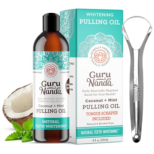 GuruNanda Oil Pulling (8 Fl.Oz) with Coconut & Peppermint Oil with Tongue Scraper Inside the Box - Natural, Alcohol Free Mouthwash to Help With Fresh Breath, Teeth Whitening and Healthier Teeth & Gums