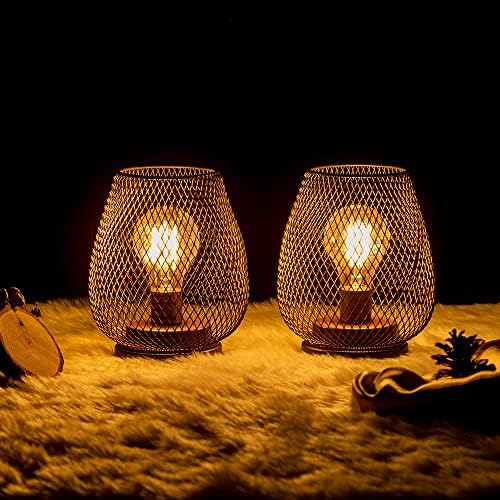 DECORKEY Set of 2 Rechargeable LED Table Lantern, Brown Metal Cage Cordless Lamps with LED Bulb,Vintage Decorative Outdoor Lantern for Weddings, Parties, Patio, Events for Indoors Shelf Decor