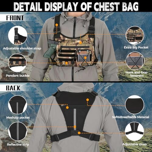 Outdoor Sports Chest Bag for Men, Chest Vest Holster Fits Most Pistols, EDC Travel Chest Pack for Running, Hiking