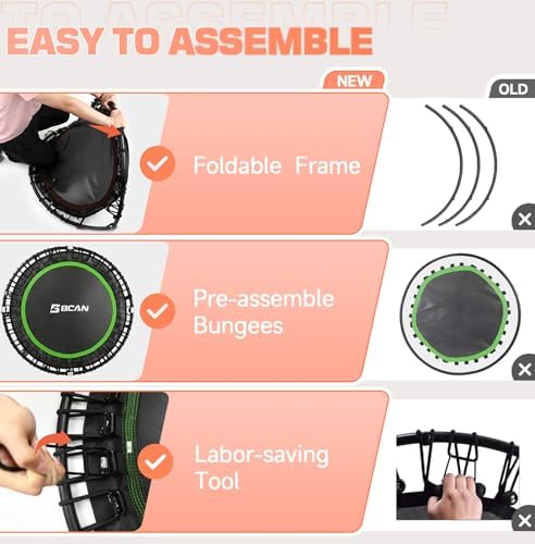 BCAN 450/550 LBS Foldable Mini Trampoline, 40"/48" Adult Fitness Trampoline with Bungees, U Shape Adjustable Foam Handle, Stable & Quiet Exercise Rebounder,Indoor/Outdoor Workout
