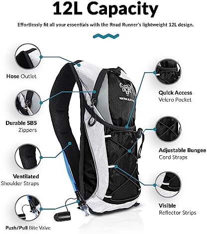 Water Buffalo Hydration Backpack - Lightweight Hydration Pack with 2L Water Bladder - Water Backpack for Hiking, Running, Biking, and Raves - Road Runner 12L Hydropack Backpack