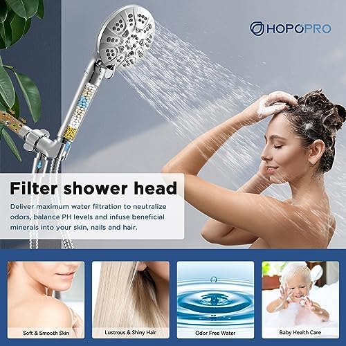 HOPOPRO 7-Setting Handheld Shower Head with Built-in Power Wash, Polished ABS Chrome, 71-Inch Stainless Steel Hose, 360 Rotatable Brass Overhead Bracket, Anti-Leakage Teflon Tape