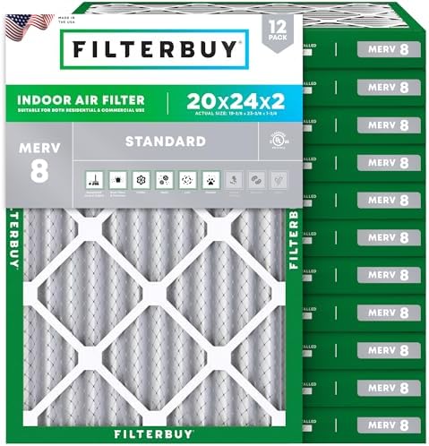 Filterbuy 20x24x2 Air Filter MERV 8 Dust Defense (12-Pack), Pleated HVAC AC Furnace Air Filters Replacement (Actual Size: 19.38 x 23.38 x 1.75 Inches)