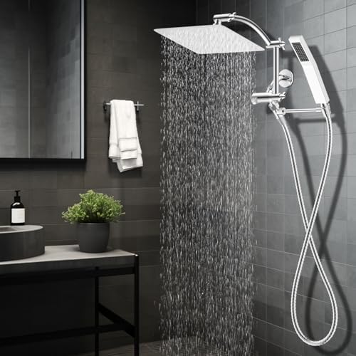 Hibbent All Metal 10'' Rainfall Shower Head, Dual Shower Head Combo, High Pressure Handheld Shower Wand, 16'' Adjustable Arc-shaped Shower Extension Arm, 71'' Hose, Showerhead Holder, Chrome