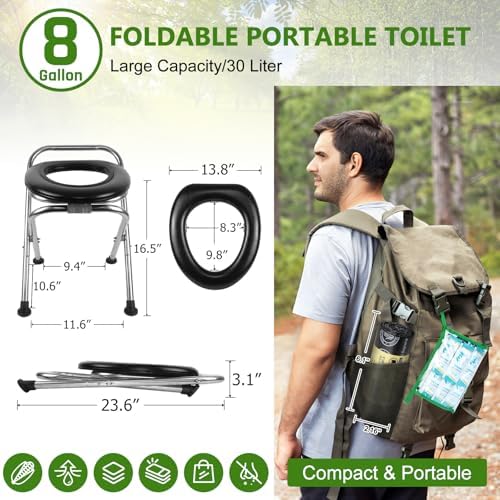 BLIKA Portable Toilet for Camping, 350LBS Stainless Steel Foldable Camp Travel Toilet with Soft Seat for Adults, Portable Potty for Camping, RV Travel, Road Trips, Includes Waste Bags with Gel