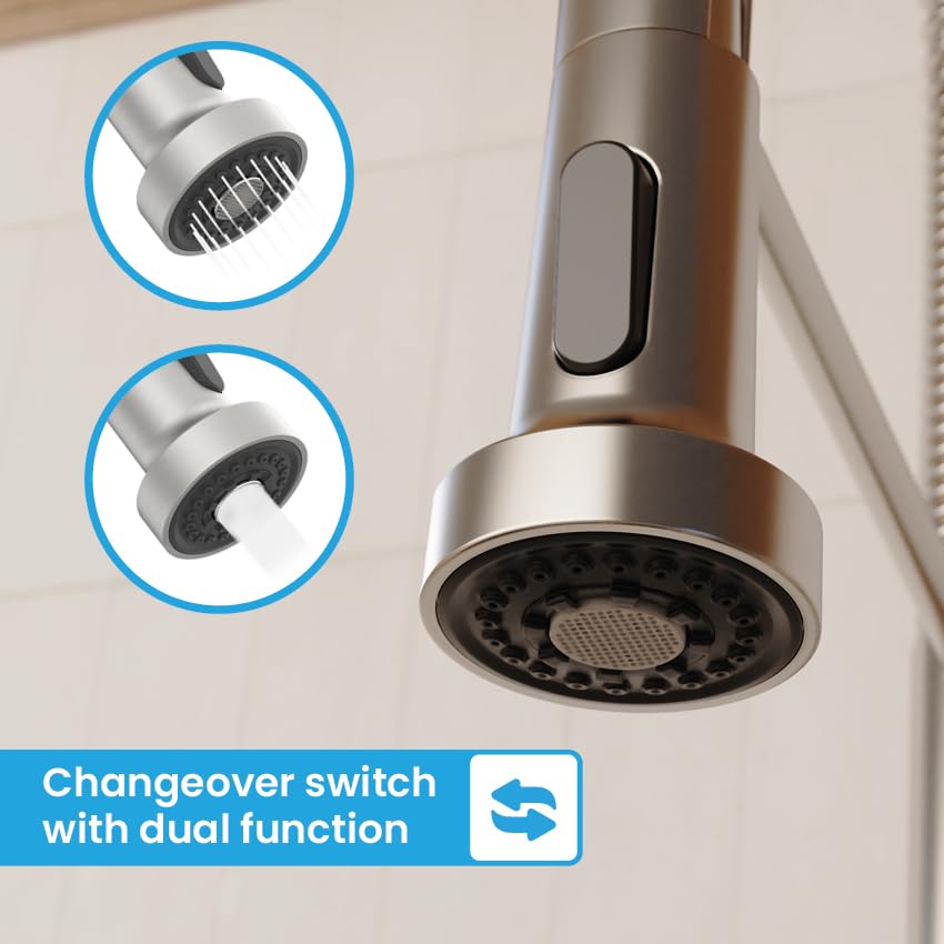 Bächlein Kitchen Faucet 360 Degree Swivel (Brushed Stainless Steel) - One-Hand Stainless Steel Sink Mixer with Flexible Neck and Shower with Switch Button, Water Tap for The Kitchen