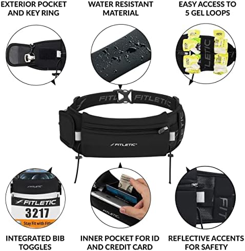Fitletic - Ultimate II Running Pouch with Gels, Runners Pouch, Running Waist Belt with Gel Loops, Exterior Pocket, Inner Pocket, and Integrated Bib Toggles, Running Accessories
