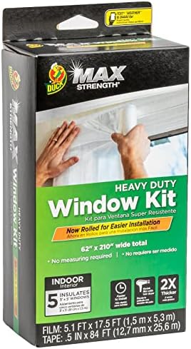 Duck MAX Strength Window Insulation Kit, Winter Window Seal Kit Fits up to 5 Windows, Heavy Duty Shrink Film Cuts to Size for Easy Indoor Installation, Window Tape Included,62 In. x 210 In., Clear