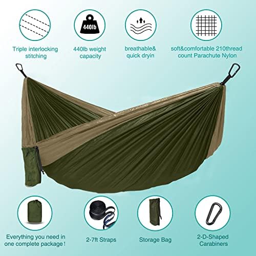 Hammock Camping, Portable Single/Double Hammocks for Outdoor Hiking Travel Backpacking - 210D Nylon Hammock Swing for Backyard & Garden (Green/Khaki)