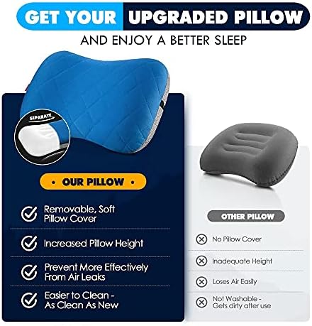 Hikenture Camping Pillow with Removable Cover - Ultralight Inflatable Pillow for Neck Lumbar Support - Upgrade Backpacking Pillow - Washable Travel Air Pillows for Camping, Hiking, Backpacking